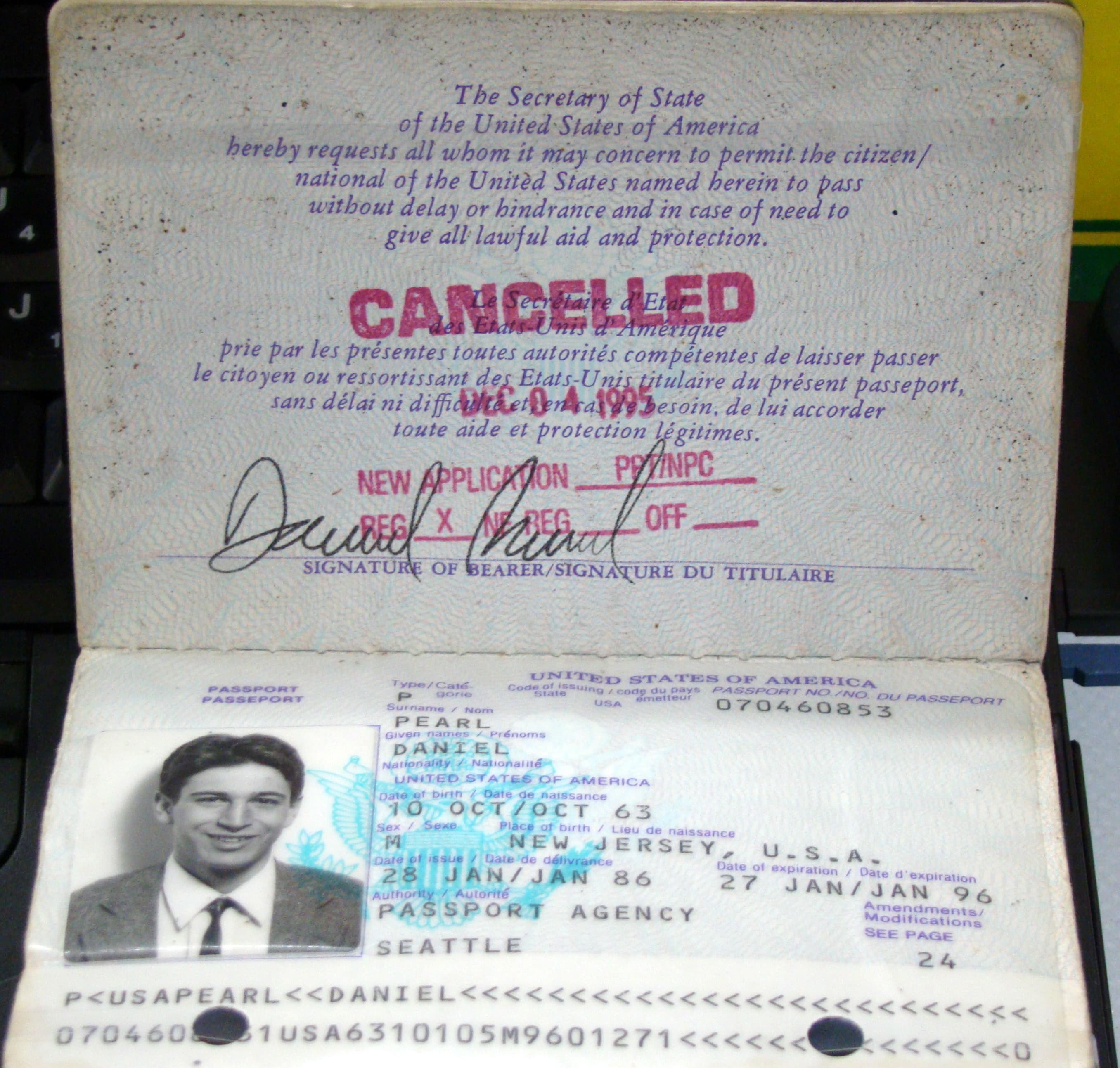 Daniel Pearl's passport, on display in the Newseum , Washington, D.C.