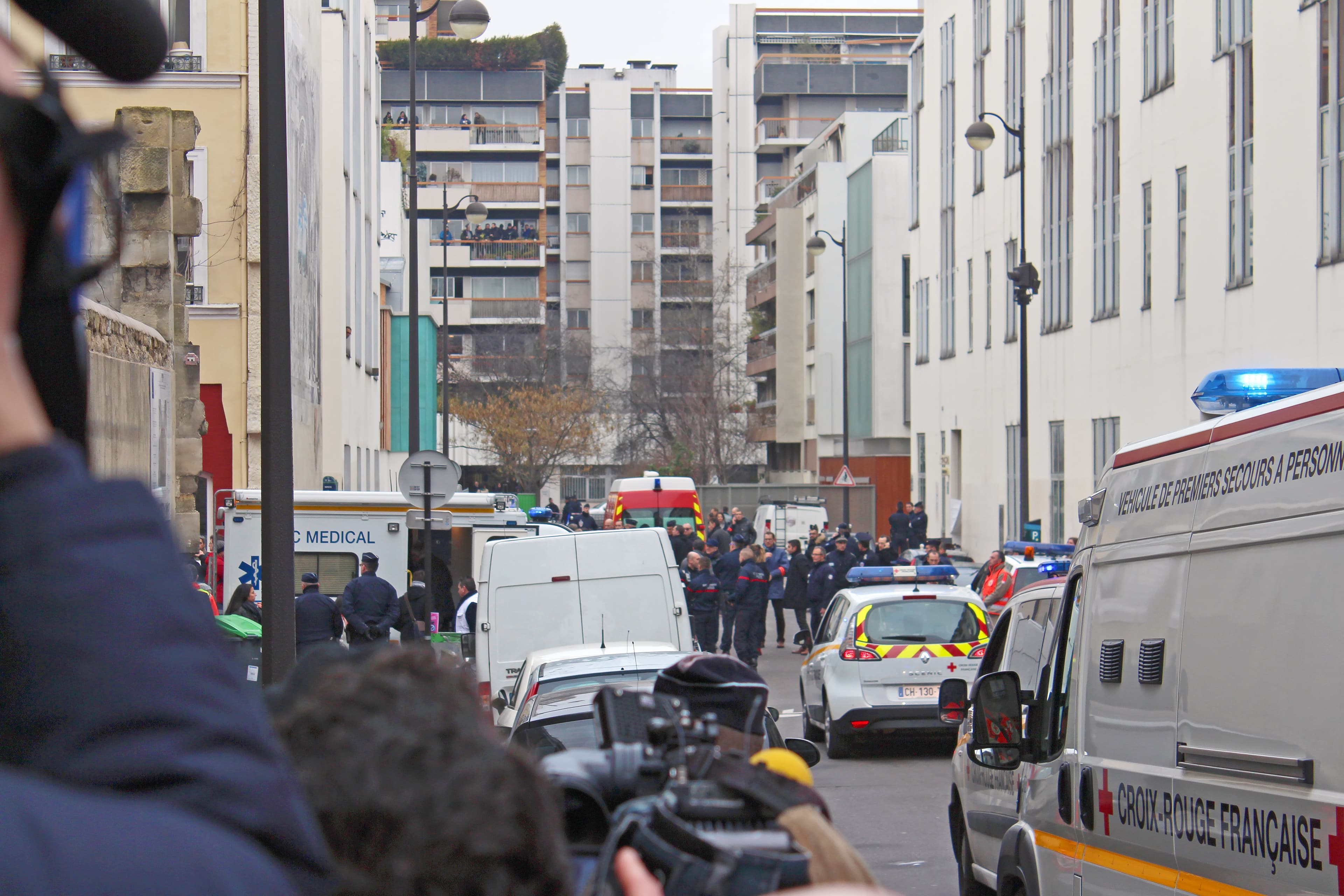 View of the section of the 11th Arrondissement closed to onlookers by the police, shortly after the shooting at Charlie Hebdo's offices. Photo taken with the assistance of LCP journalist Jérémie Hartmann.