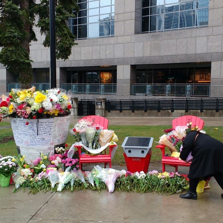 Flowers placed at Mel Lastman Square for victims of the Toronto van attack