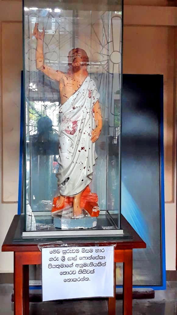 A statue at St. Sebastian's Church in Katuwapitiya, one of the sites attacked on Easter Sunday 2019