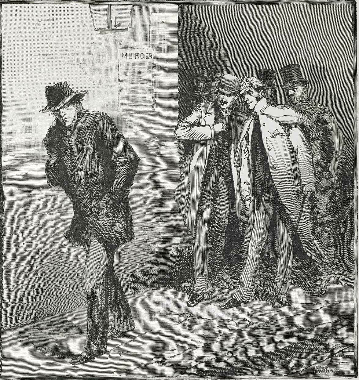 One of a series of images from the Illustrated London News for October 13, 1888 carrying the overall caption, "With the Vigilance Committee in the East End" . This specific image is entitled "A Suspicious Character" .