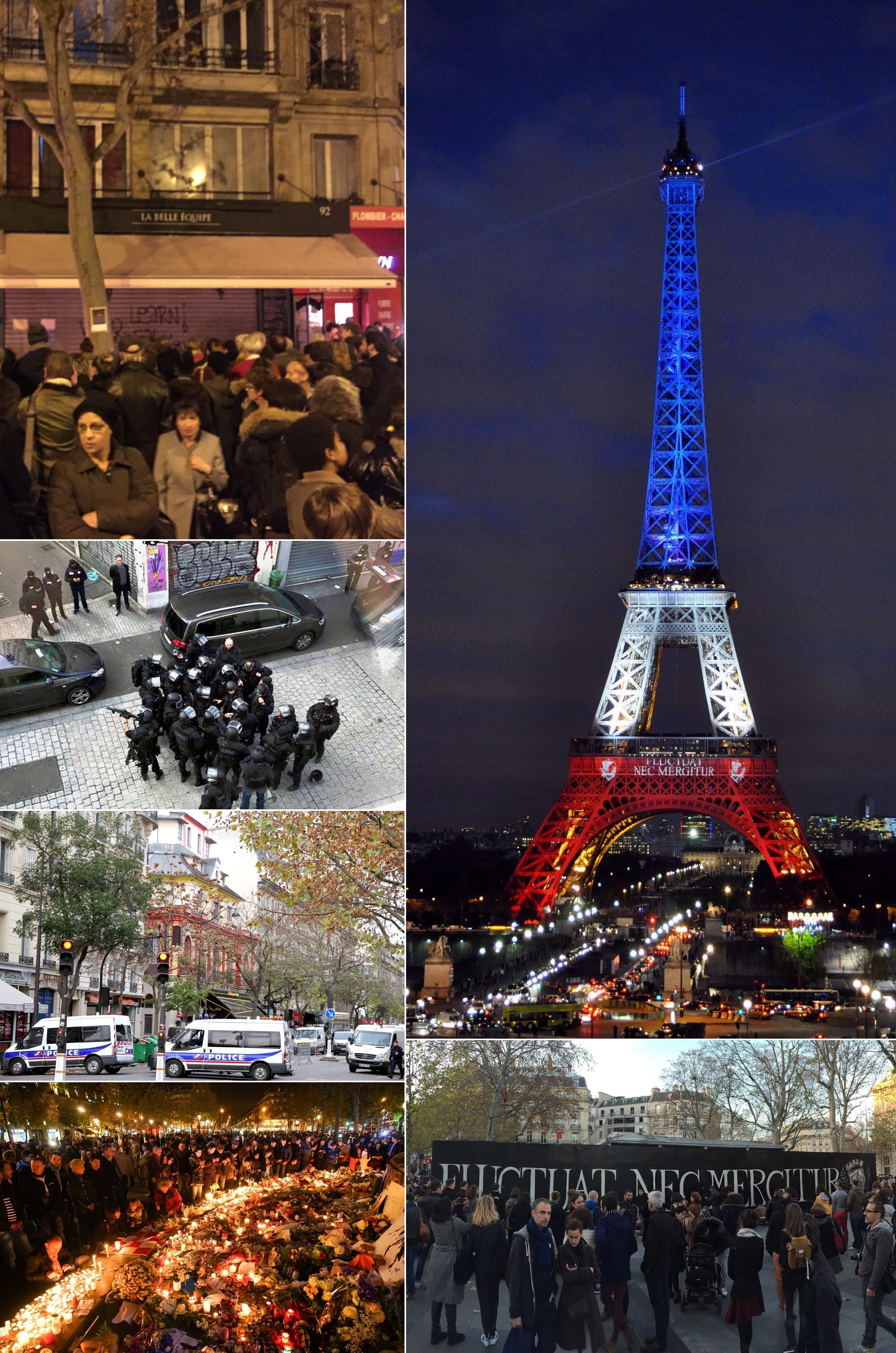 Montage of several images related to the November 2015 Saint-Denis and Paris attacks .