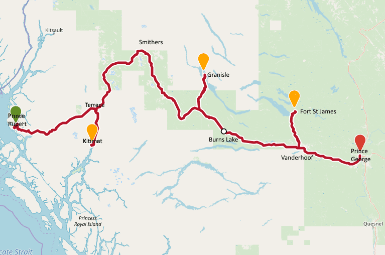 Highway of Tears corridor, including some paved egresses from outlying communities to Highway 16.