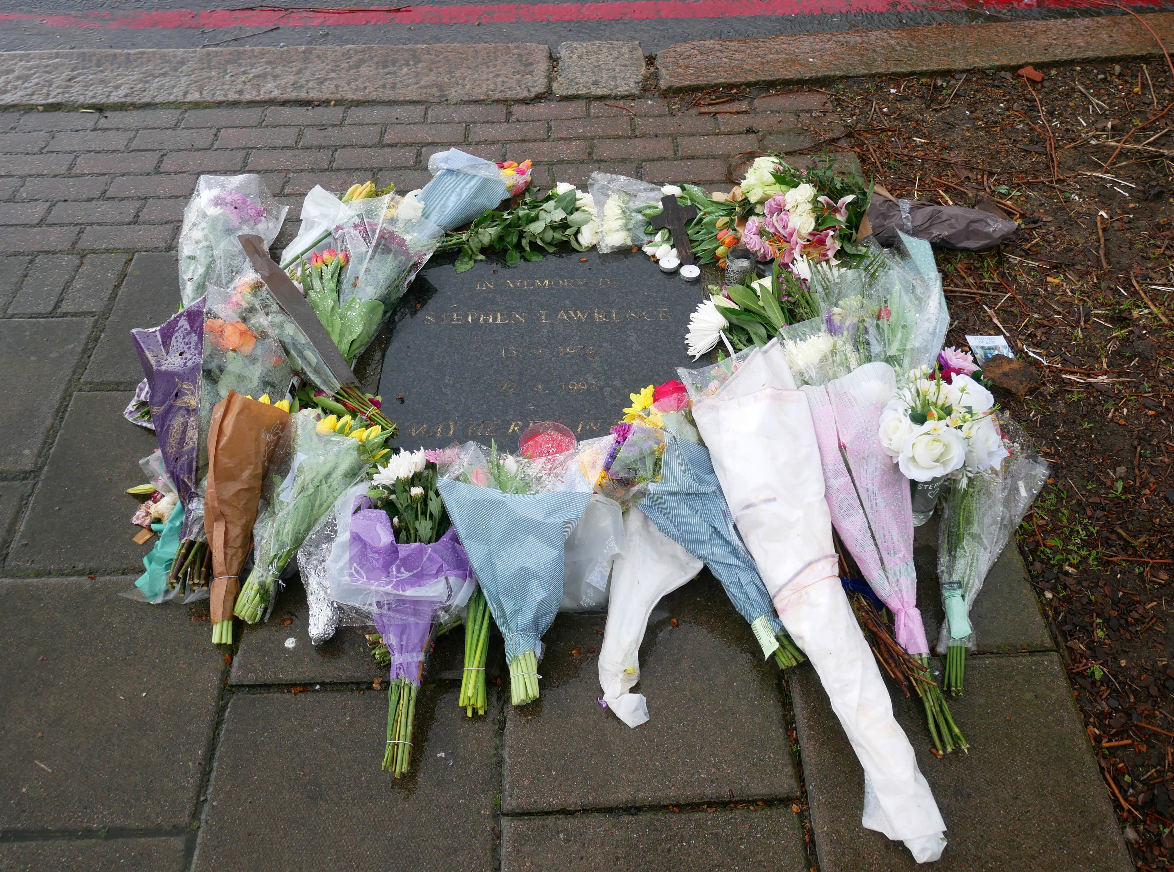 Floral tributes to Stephen Lawrence in Eltham in 2023