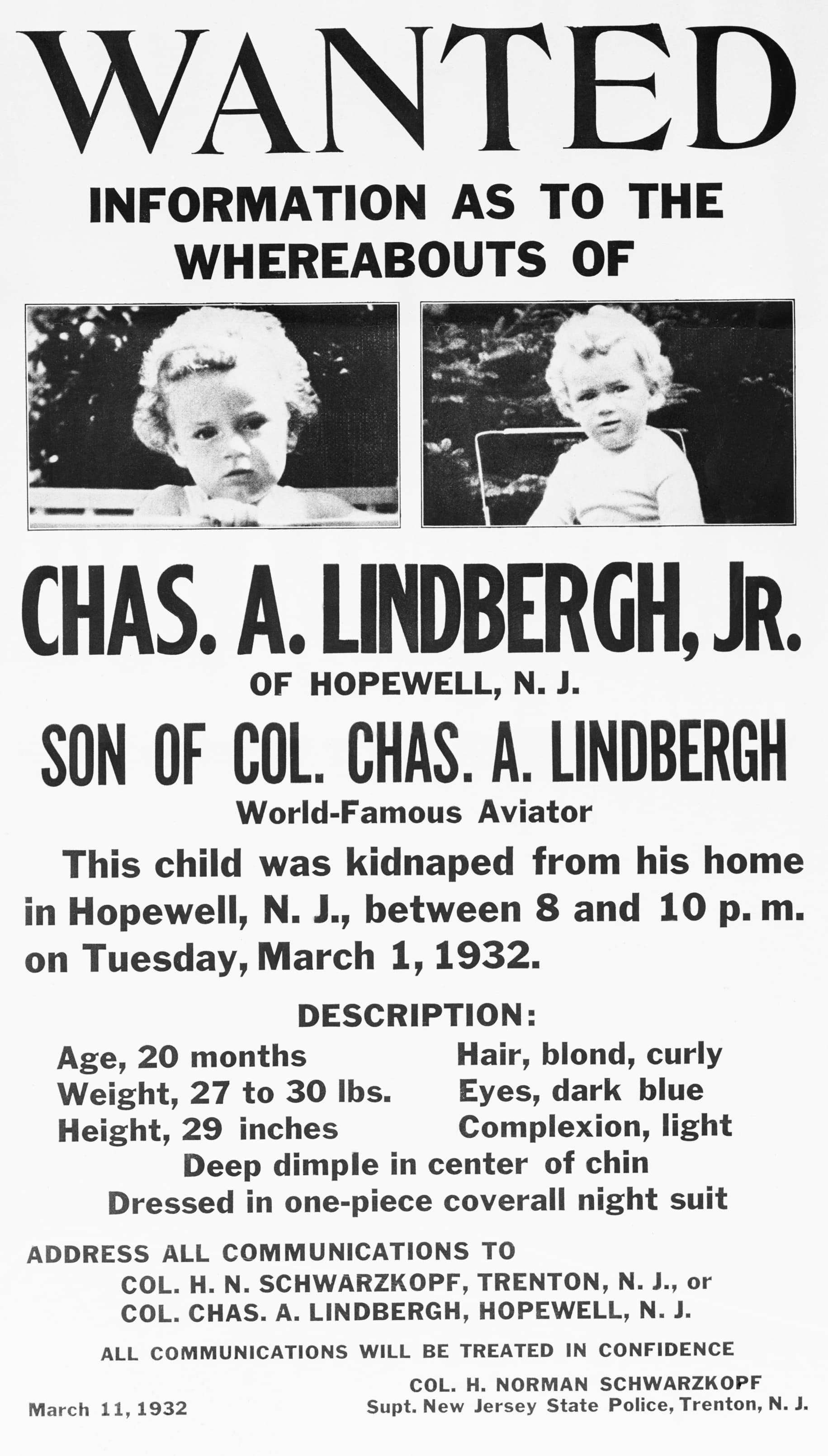 A poster seeking information on the whereabouts of Charles Lindbergh Jr.