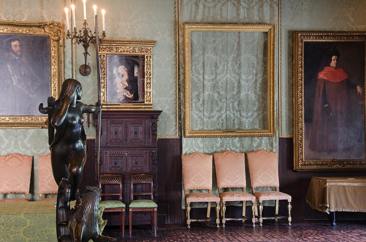 An empty frame inside the Isabella Stewart Gardner Museum after the theft